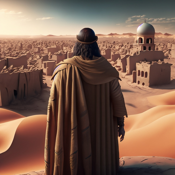 Man in cloak looking at desert city from a distance