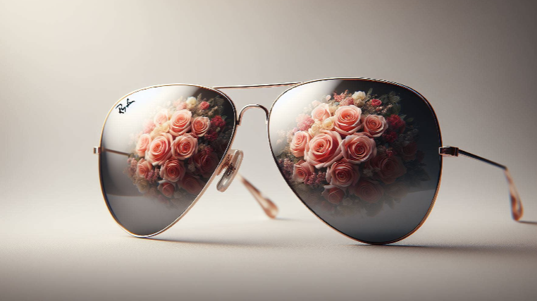 Copywriter sunglasses with reflection of a bundle of roses in the lenses.